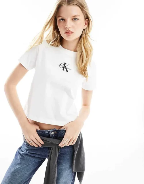 Calvin Klein Jeans Monologo Baby T-shirt In White For Women Bright White