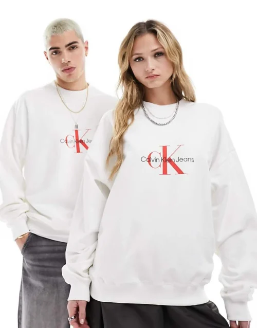 Home 50 Calvin Klein Jeans Archival Monologo Crew Neck Sweatshirt In White For Unisex Bright White