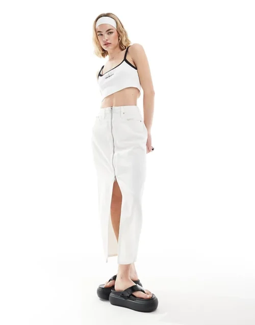 Calvin Klein Jeans Zip Detail Denim Maxi Skirt In White Wash - ASOS Exclusive For Women