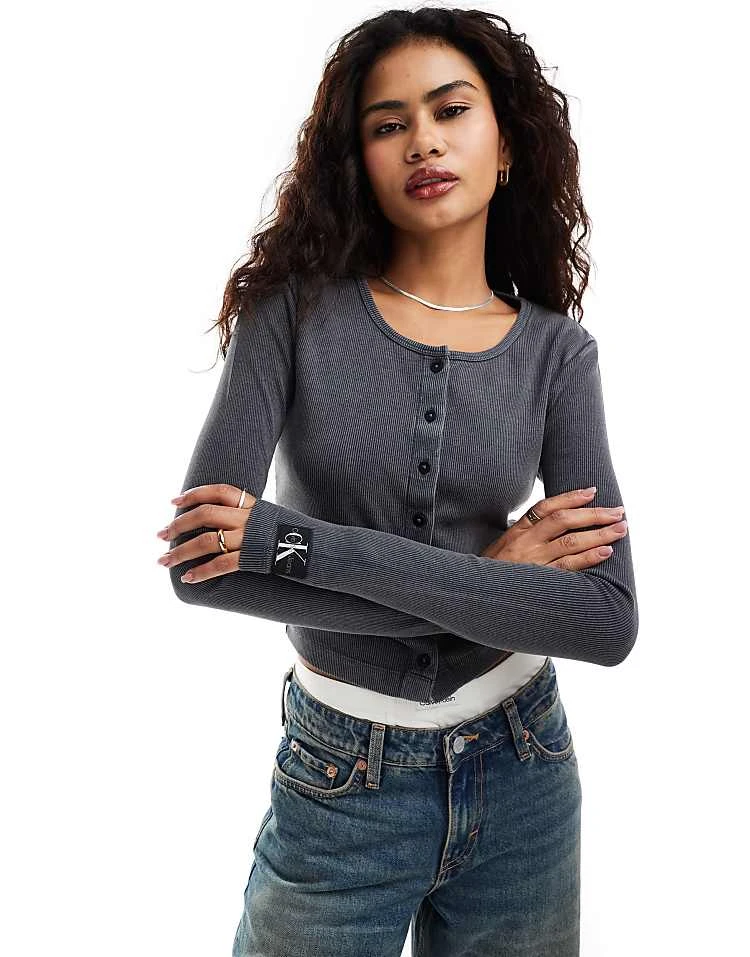 Calvin Klein Jeans Rib Cardigan In Washed Black For Women 1 Calvin Klein Jeans Rib Cardigan In Washed Black For Women