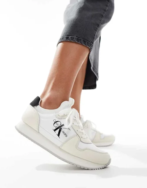 Calvin Klein Jeans Logo Runner Trainers In White & Black For Women Bright White/black