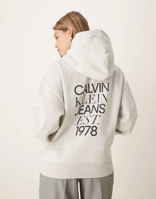 Calvin Klein Jeans Relaxed Back Print Hoodie In Grey For Women Ivory Grey Heather