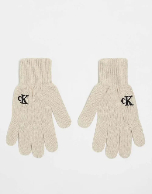 Calvin Klein Jeans Logo Knitted Gloves In Cream For Women Birch