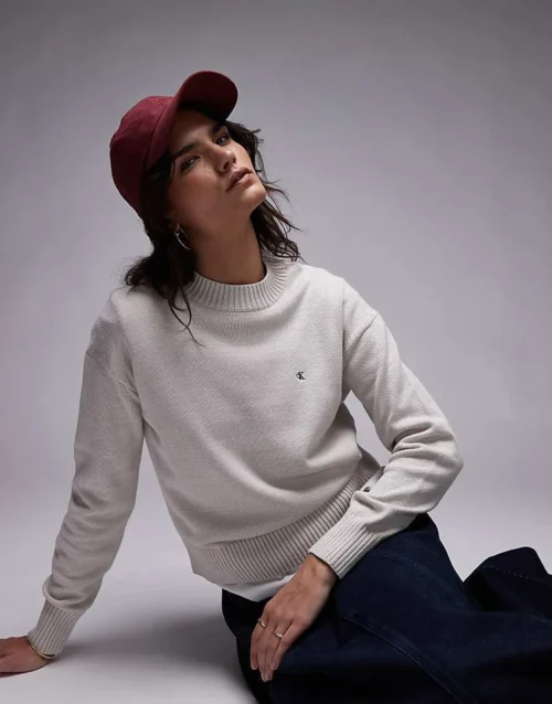 Calvin Klein Jeans Cotton Monogram Jumper In Moonbeam For Women