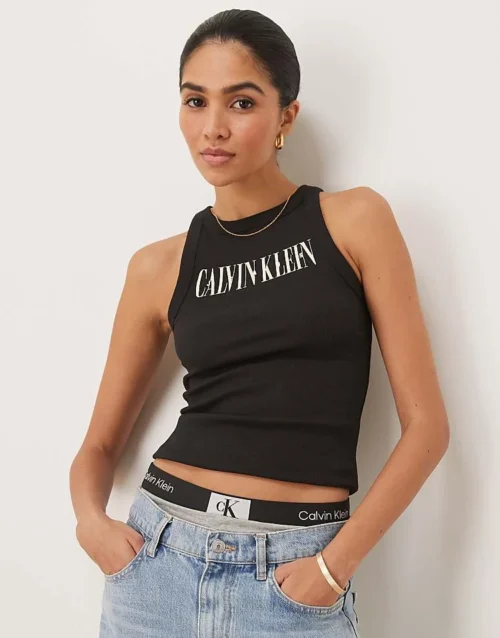 Home 32 Calvin Klein Jeans Script Logo Rib Tank Top In Black For Women Ck Black