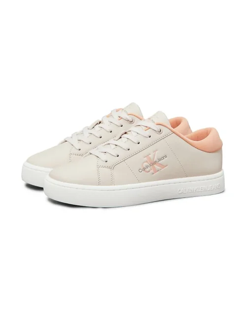Calvin Klein Jeans Leather Trainers In Eggshell And Coral For Women Egghsell/dusty Coral