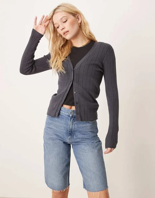 Calvin Klein Jeans Ribbed Cardigan In Charcoal For Women